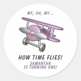 Airplane Oh My Time Flies Travel First Birthday  Ronde Sticker