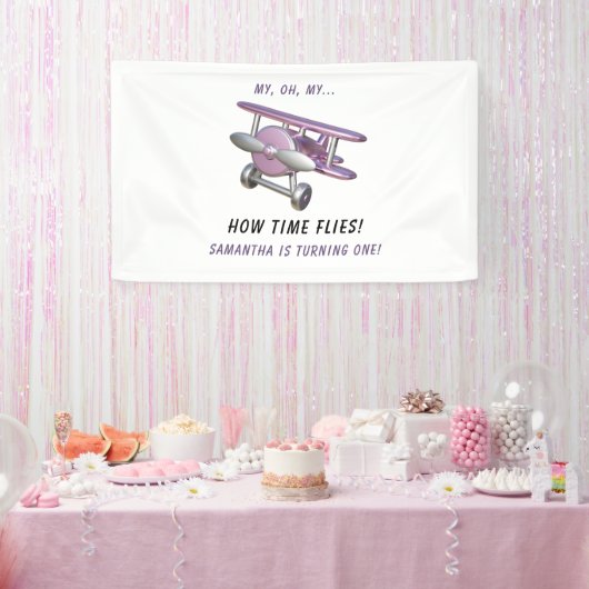 Airplane Oh My Time Flies Travel First Birthday  Spandoek (Feest)
