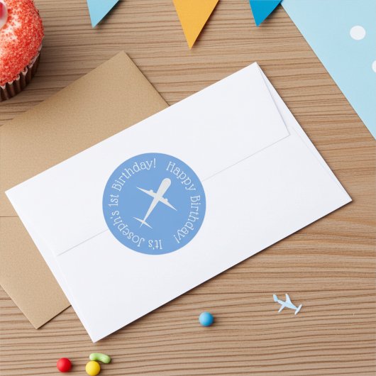 Airplane on Sky Blue Personalized Birthday Ronde Sticker