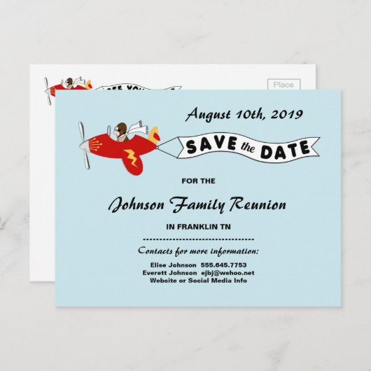 Airplane Sky Banner Family Reünie Sla de datum op Aankondigingskaart (Voorkant / Achterkant)