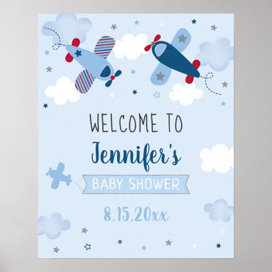 Airplane Stars Clouds Baby shower WelkomstPoster Poster (Voorkant)