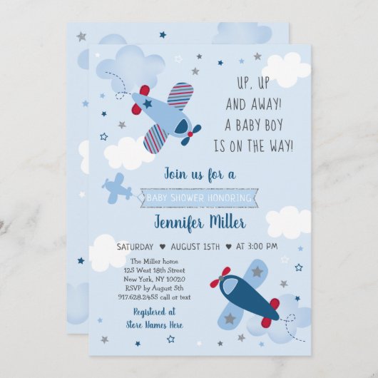 Airplane Stars Clouds Boy Baby shower Invitation Kaart (Voorkant / Achterkant)