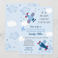 Airplane Stars Clouds Boy Baby shower Invitation