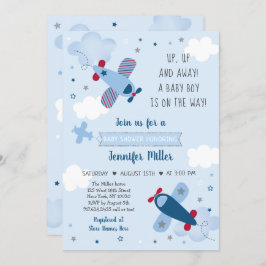 Airplane Stars Clouds Boy Baby shower Invitation Kaart