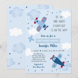 Airplane Stars Clouds Boy Baby shower Invitation Kaart