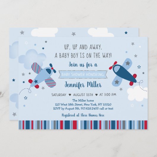 Airplane Stars Clouds Boy Baby shower Invitation Kaart (Voorkant / Achterkant)