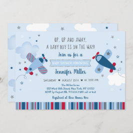 Airplane Stars Clouds Boy Baby shower Invitation Kaart