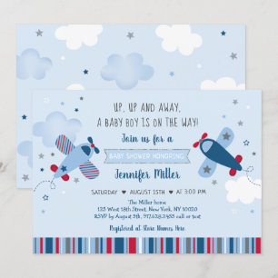 Airplane Stars Clouds Boy Baby shower Invitation Kaart