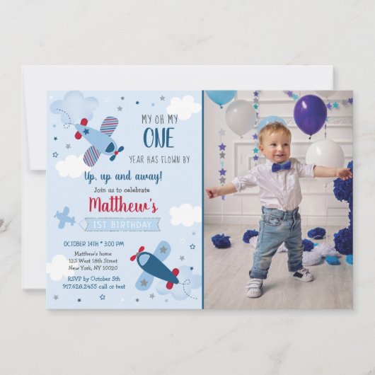 Airplane Stars Clouds Boy First Birthday Invitatio Kaart (Voorkant)