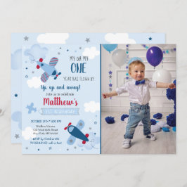 Airplane Stars Clouds Boy First Birthday Invitatio Kaart
