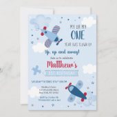 Airplane Stars Clouds Boy First Birthday Kaart (Voorkant)