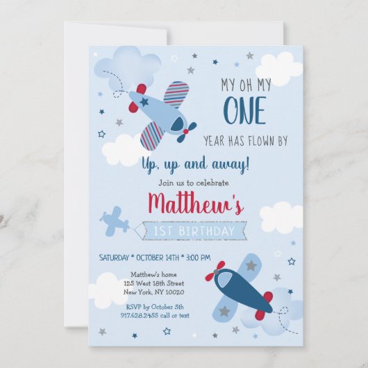Airplane Stars Clouds Boy First Birthday Kaart (Voorkant)