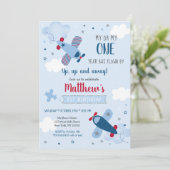 Airplane Stars Clouds Boy First Birthday Kaart (Staand voorkant)