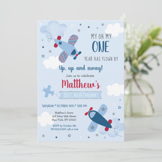 Airplane Stars Clouds Boy First Birthday Kaart (Staand voorkant)