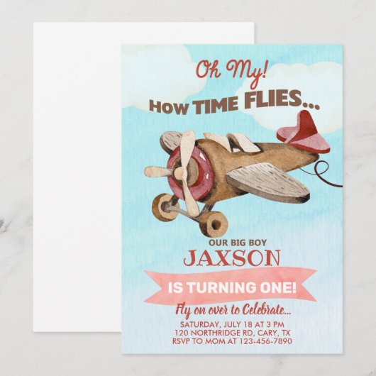 Airplane time flies boy 1st first birthday invite. kaart (Voorkant / Achterkant)