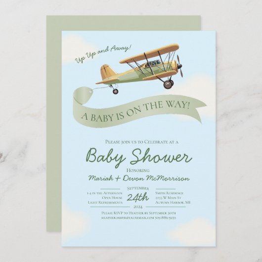 Airplane Vintage Baby Shower Invitation Kaart (Voorkant / Achterkant)