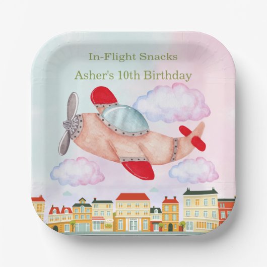 Airplane with Cityscape In-Flight Snacks Birthday Papieren Bordje (Voorkant)