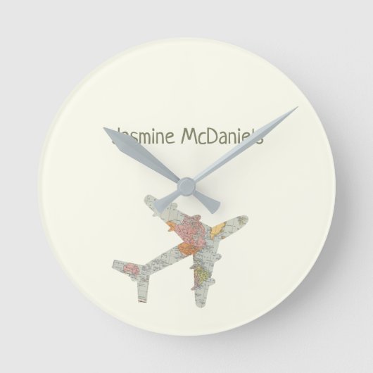 Airplane world map custom name ronde klok (Voorkant)