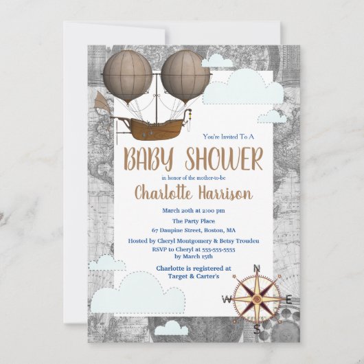 Airship & Clouds World Travel Baby shower Kaart (Voorkant)