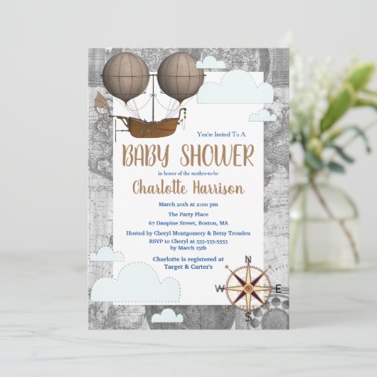 Airship & Clouds World Travel Baby shower Kaart (Staand voorkant)