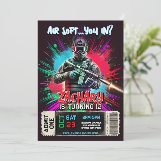 Airsoft Birthday Invitation | Action-Packed Invite Kaart (Staand voorkant)