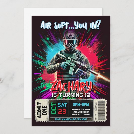 Airsoft Birthday Invitation | Action-Packed Invite Kaart (Voorkant / Achterkant)