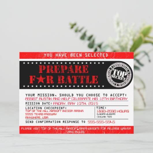 Airsoft 'Prepare for Battle' 5x7 Uitnodiging (Staand voorkant)