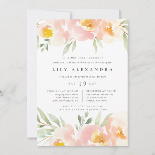 Airy Bloemen Bat Mitzvah Uitnodiging (Voorkant)