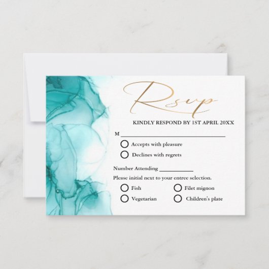 Airy Blue Turquoise Waterverf blauwgroen goudbruil RSVP Kaartje (Voorkant)
