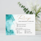 Airy Blue Turquoise Waterverf blauwgroen goudbruil RSVP Kaartje (Staand voorkant)