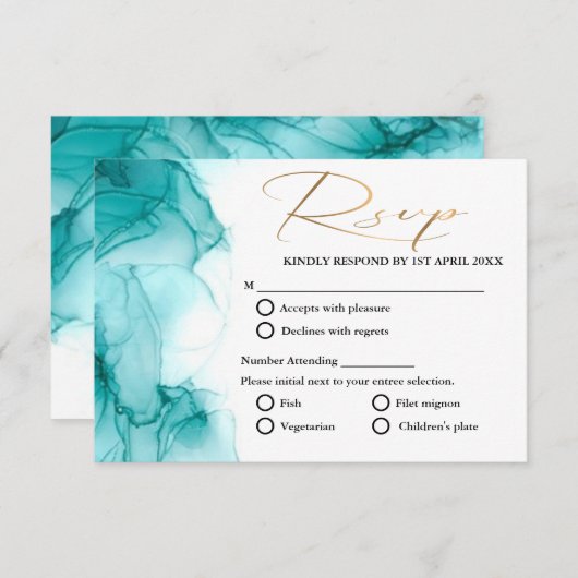 Airy Blue Turquoise Waterverf blauwgroen goudbruil RSVP Kaartje (Voorkant / Achterkant)