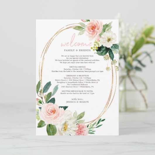 Airy Blush Floral Wedding Welcome Itinerary Programmakaart (Staand voorkant)