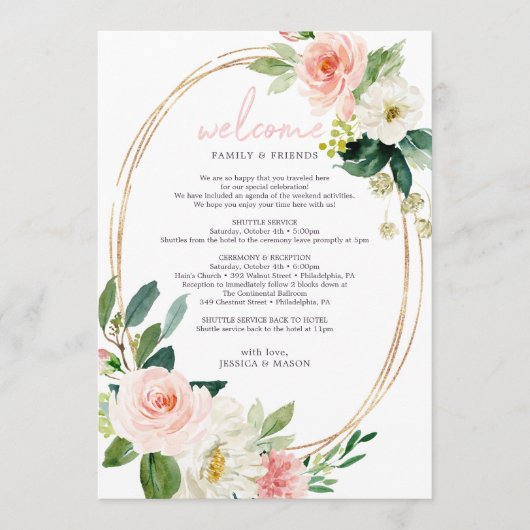 Airy Blush Floral Wedding Welcome Itinerary Programmakaart (Voorkant)