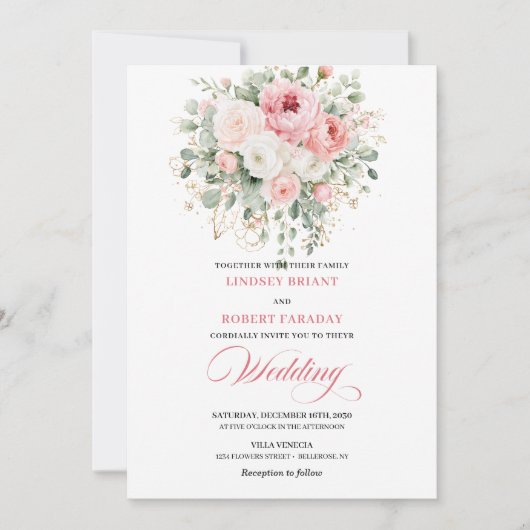 Airy Blush Roses Greenery Gold Wedding Invite Kaart (Voorkant)