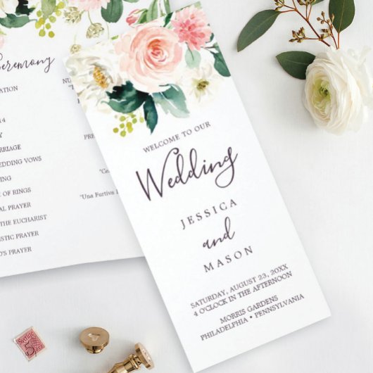 Airy Blush Tri-Fold Wedding Programme Flyer