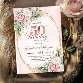 Airy Blush Watercolor 50th Birthday Invitation Kaart