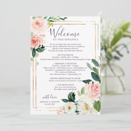 Airy Blush Wedding Itinerary - Weddenschap Welkom Programmakaart (Staand voorkant)