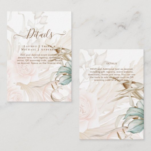 Airy BOHO Pampas Grass Light Peach Weddenschap Informatiekaartje (Voorkant / Achterkant)