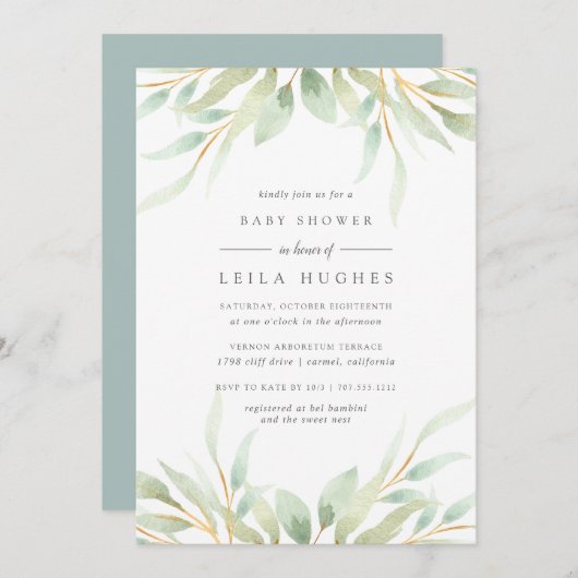 Airy Botanical Baby shower Invitation Kaart (Voorkant / Achterkant)