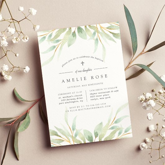 Airy Botanical Baptism of Christening Invitation Kaart