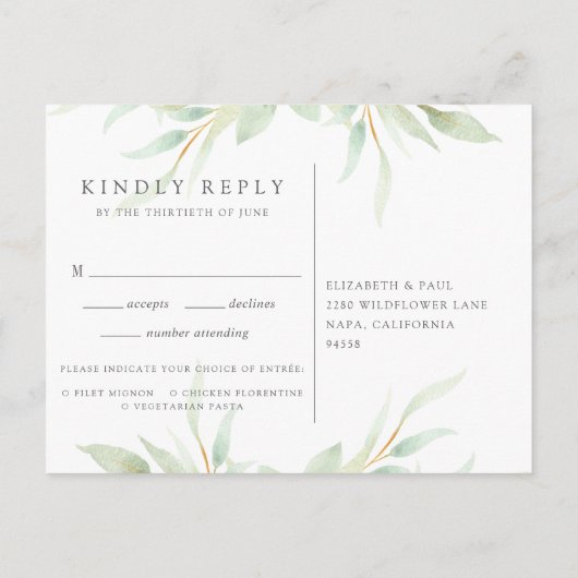 Airy Botanical RSVP Briefkaart met keuze uit maalt (Achterkant)