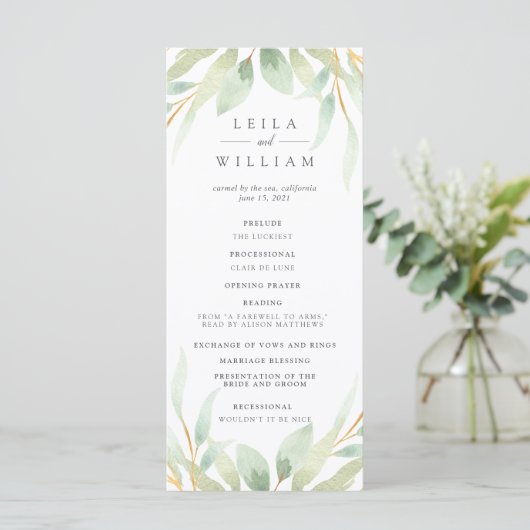 Airy Botanical Wedding Ceremony Programma Programmakaart (Staand voorkant)