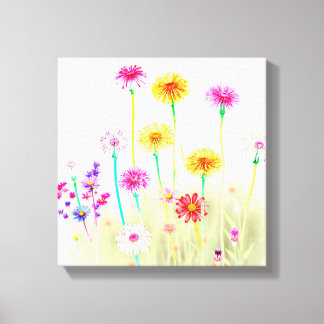 Airy Bright Neon Dandelions&Daisies Minimalist art Canvas Afdruk