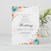 Airy Coral Blauwgroen Bloemboog bruiloft Kaart (Staand voorkant)