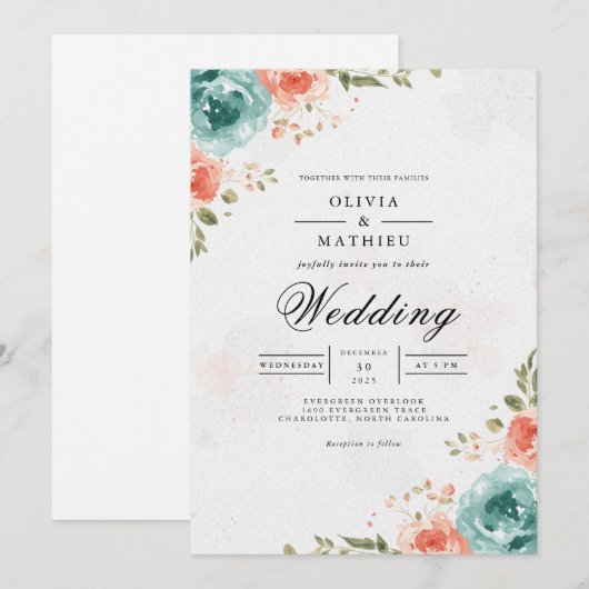 Airy Coral Blauwgroen Bloemboog bruiloft Kaart (Voorkant / Achterkant)