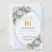 Airy Dusty Blue Floral Greenery Sweet 16th Invite Kaart (Voorkant)