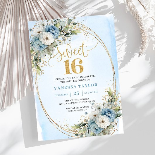 Airy Dusty Blue Floral Greenery Sweet 16th Invite Kaart