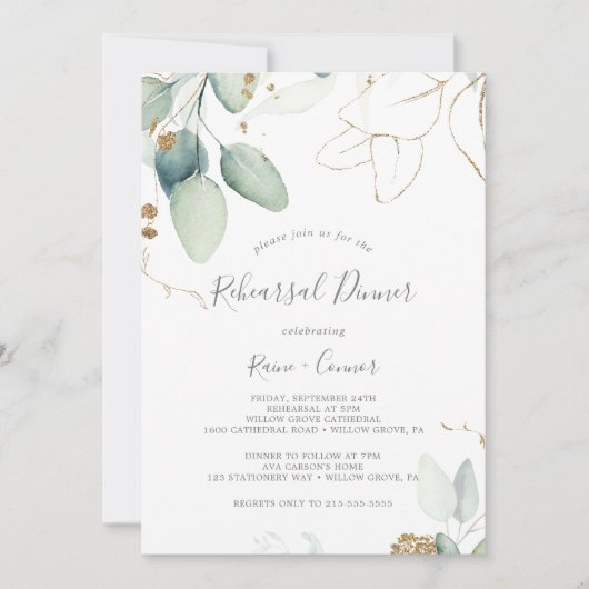 Airy Greenery and Gold Leaf Rehearsal Dinner Kaart (Voorkant)