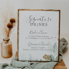 Airy Greenery and Gold Leaf Signature Drinken Sign Poster