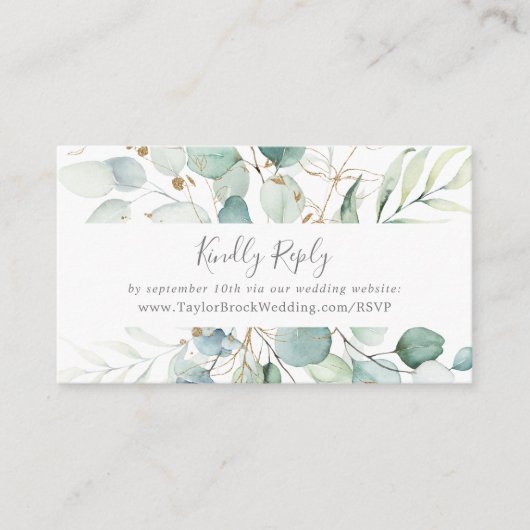 Airy Greenery and Gold Leaf Wedding Website RSVP Informatiekaartje (Voorkant)